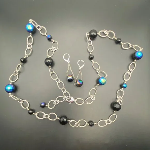 Glass AB Faceted Black Bead Necklace Earring Set Silver Tone 36" Chain 2" Dangle - Picture 3 of 8